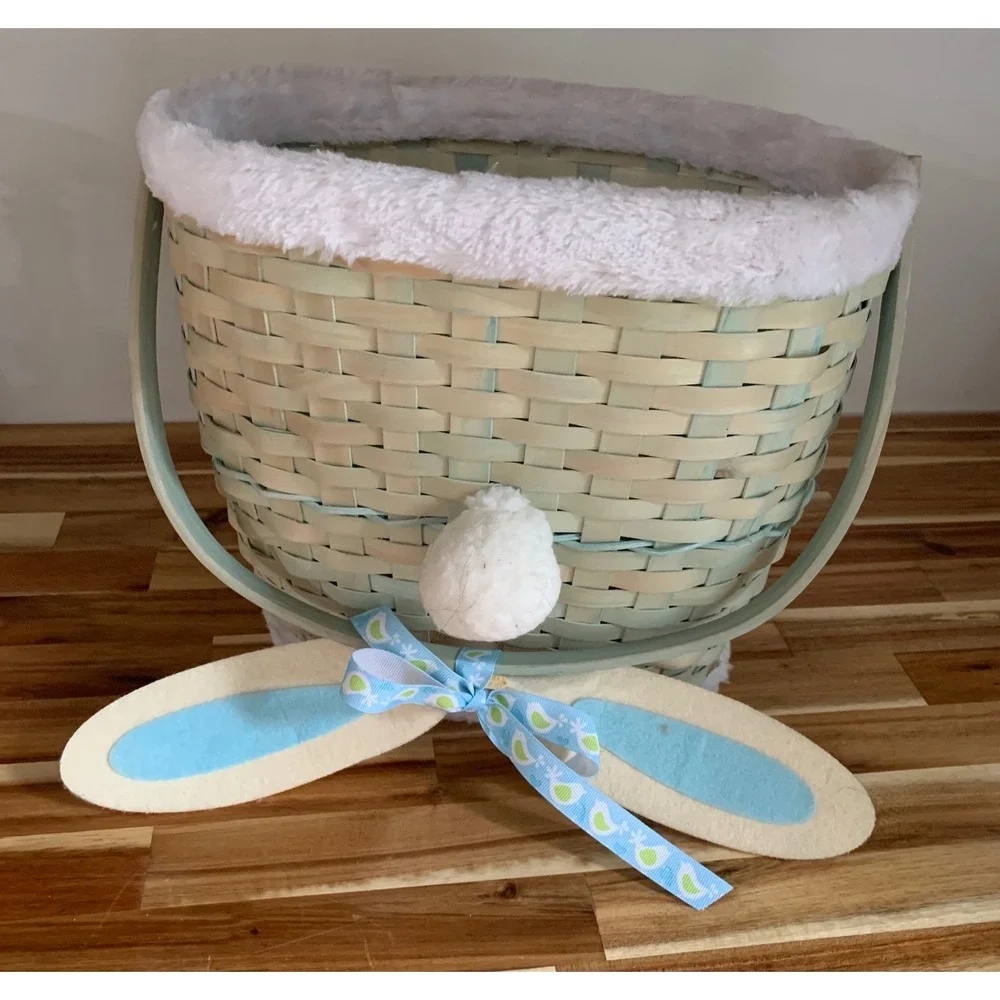 Vintage Woven Wood Easter Basket Bunny Ears Mint Green Cottagecore Fairycore Y2K